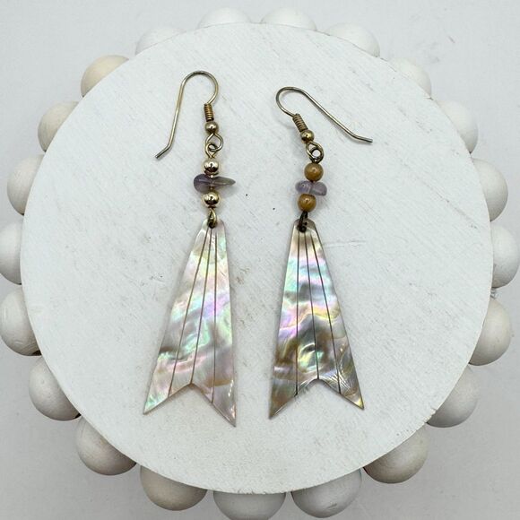 Vtg Geometric Carved abalone Long Dangle Earrings Amethyst Chip Gold Tone Beachy - Picture 2 of 10